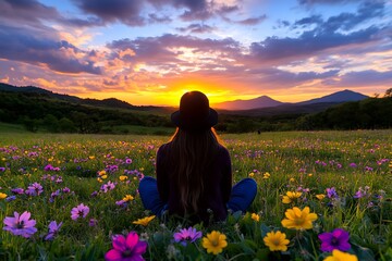 Woman Meditating Sunset Meadow