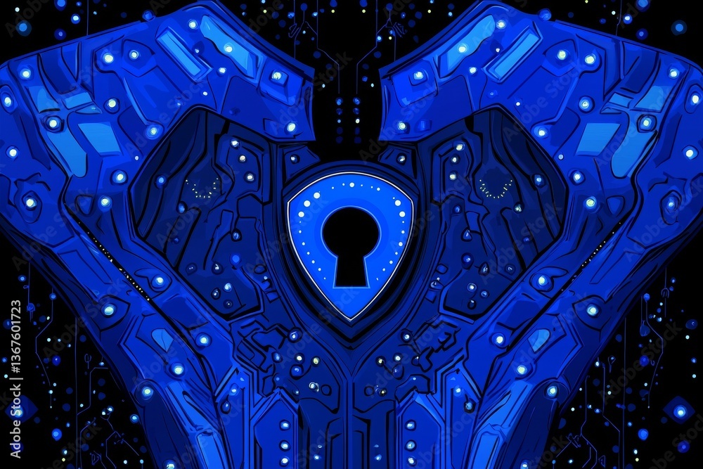 Poster a modern cyber security interface set against a dark blue background, symbolizing data protection fr