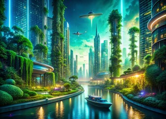 Naklejka premium Futuristic Cityscape: Bio-luminescent River & Green Towers