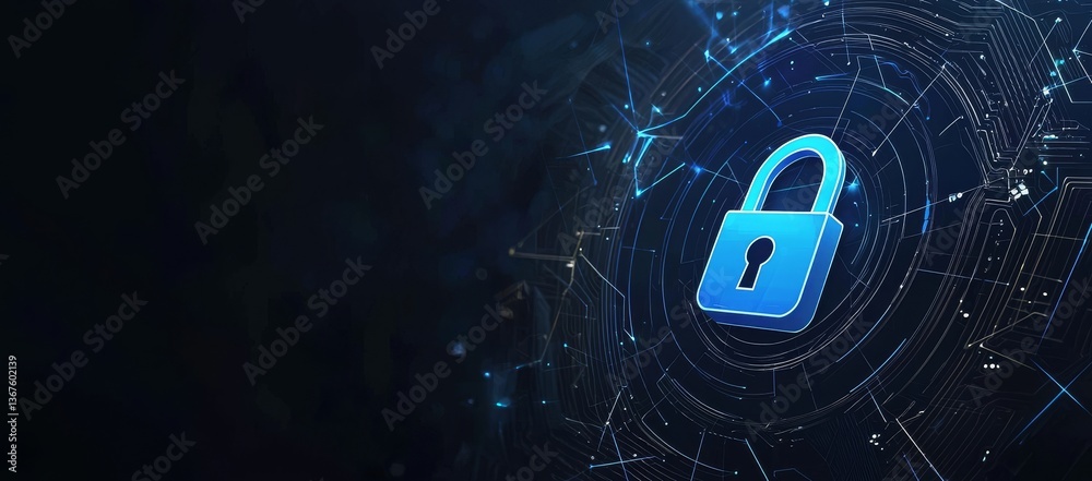 Poster digital protection concept represented by glowing lock interface set against blue background, create