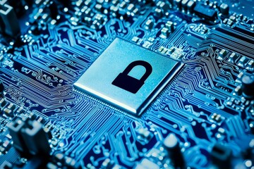 A digital motherboard serves as the background for a computer processor chip, highlighting the relationship between network security technology and internet business concepts