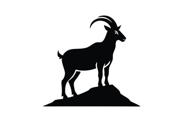 Silhouette vector illustration of a mountain goat standing on a rocky peak.eps