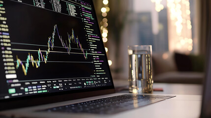 A laptop computer with a screen showing a graph of stock prices. AI Generated