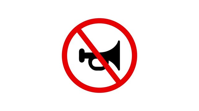 don't honk icon, a silhouette of a trumpet with a crossed out red circle.No trumpet music icon.Prohibition of using megaphone sign for no loud sounds using a bullhorn or megaphone.f