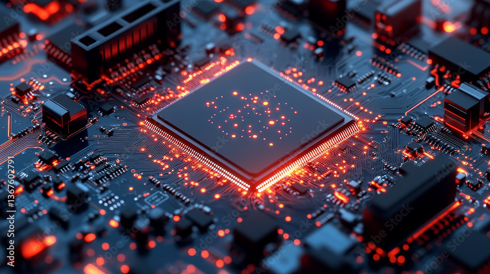 Poster glowing letters ai on advanced gpu microchip. next-generation artificial intelligence acceleration c