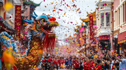 Obraz premium A vibrant dragon dance with celebratory confetti in a street scene