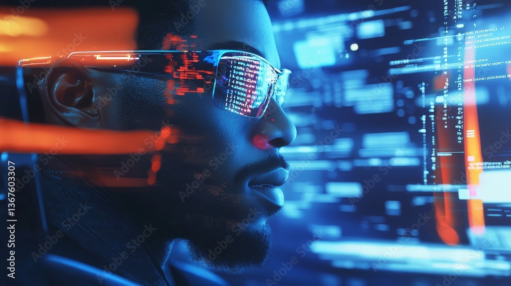 Poster a modern office setting features a motivated black it programmer working diligently on a laptop comp