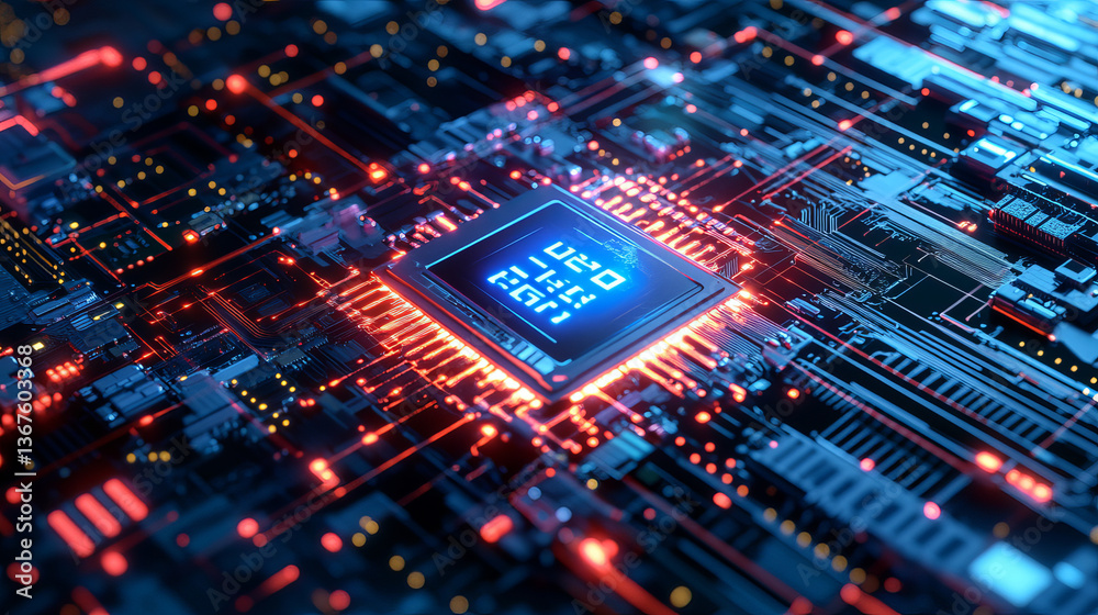 Poster close-up of gpu microchip with glowing ai letters . next-generation artificial intelligence accelera