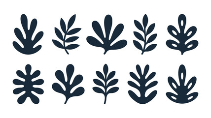 Botanical Foliage Illustration: A captivating collection of minimalist botanical illustrations, showcasing a variety of leaves, each rendered in a striking solid black color.
