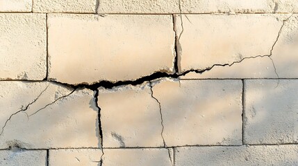 earthquake damage cracked brick wall from structural stress. Concept of the environmental, building, earthquake and walls.