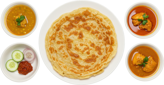 Delicious Roti Canai with Chicken Curry and Dhal Malaysian Food Flatlay