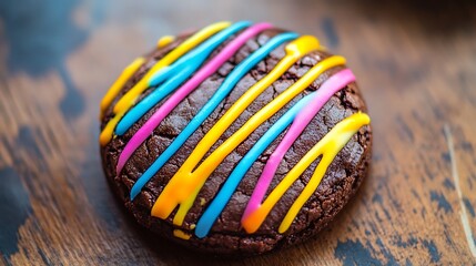 A colorful chocolate cookie with multicolored icing stripes