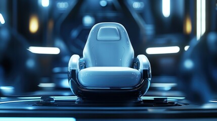 A futuristic chair in a sleek spaceship cockpit with glowing blue lights.