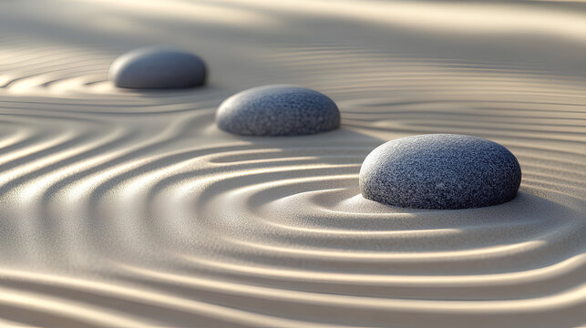 serene Zen garden with smooth sand and three large, round stones arranged in perfect symmetry, creating ripples of patterned lines that symbolize balance and tranquility