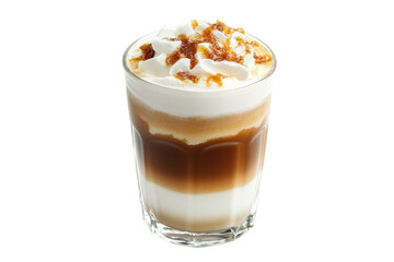 Delightful layered coffee dessert with whipped cream and caramel topping on a bright background isolated on transparent background