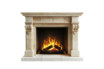 Modern, classic and stone vintage style fireplace Isolated on Transparent Background PNG.