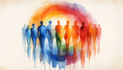 Abstract figures stand shoulder to shoulder, blending seamlessly across a vibrant rainbow spectrum. Watercolor hues flow from warm oranges to cool blues, symbolizing unity.