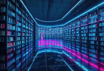 Futuristic Digital Library on a Rainy Night with Glowing Shelves isolated on transparent. PNG.