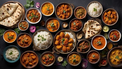 Overhead view of a variety of Indian dishes.