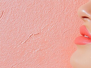 Fototapeta premium Captivating close-up of soft lips against textured coral wall lifestyle portrait studio setting beauty concept