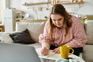 Joyful young woman expressing creativity in her cozy home through writing