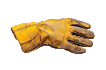 Worn yellow work glove resting on a clean background after a long day of labor outdoors isolated on transparent background
