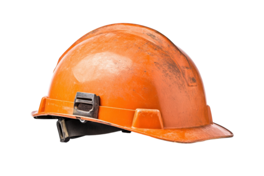 An worn orange hard hat resting on a white background highlighting construction safety equipment isolated on transparent background