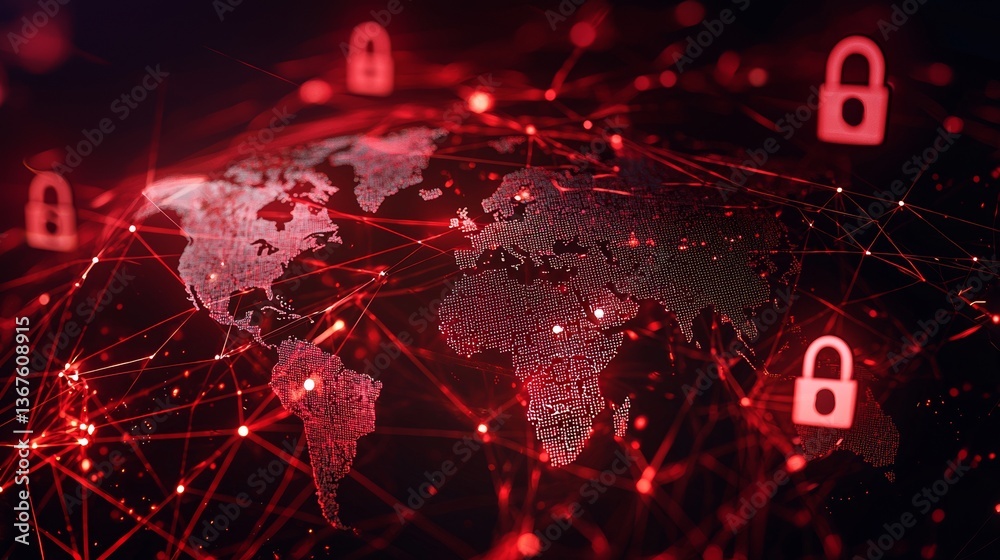 Poster a world map set against a backdrop of digital padlocks and network patterns in red hues serves as a 