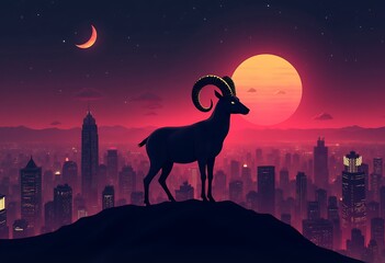 Golden Ram Silhouette Against a Neon-Lit Cyberpunk Cityscape isolated on transparent. PNG.