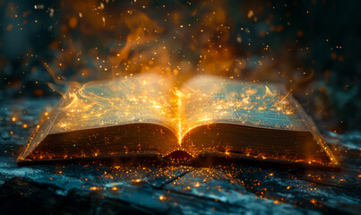 Magical Open Book with Glowing Sparks on Dark Background Evoking Mystical Fantasy Theme