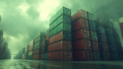 Fototapeta premium Vibrant shipping containers tower against a dramatic sky, evoking an atmosphere of intrigue and potential at a bustling cargo terminal
