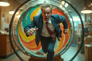 Running away from a vicious circle. A man in a business suit runs out a hamster wheel.