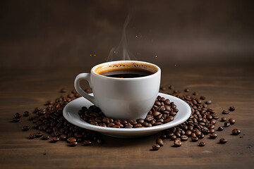 Fototapeta premium A cup of coffee with coffee beans on a saucer.