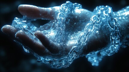Fototapeta premium A hand in fluid, entwined with shimmering chains, evokes confinement and beauty