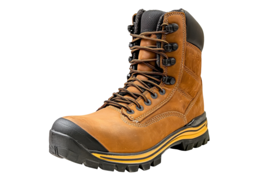 Sturdy hiking boot designed for rugged trails and outdoor adventures in varying weather conditions isolated on transparent background