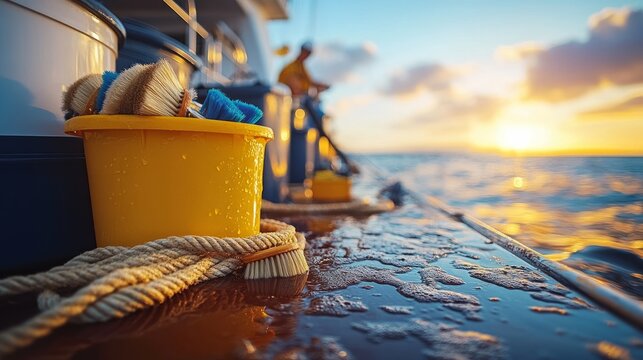 Cleaning tools rest on a boat as the sun rises, casting golden hues over gentle waves