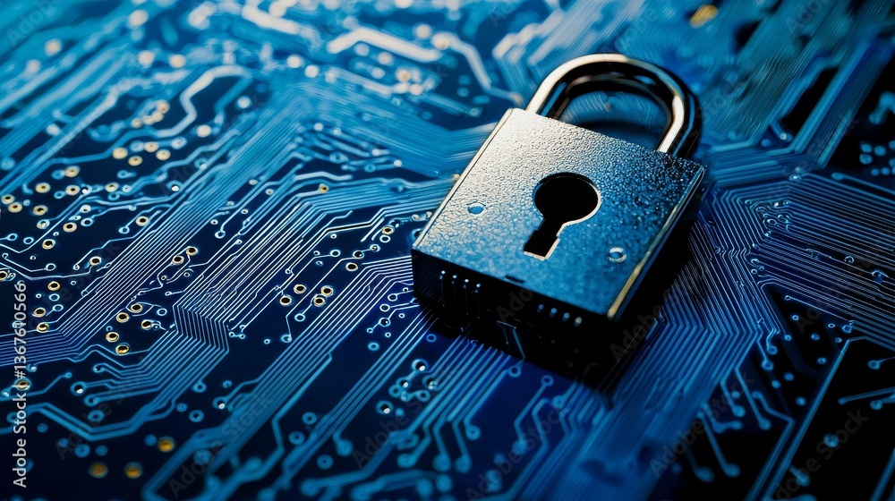 Poster a stock image features a 3d rendering of a glowing lock representing cybersecurity