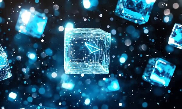 Floating Glowing Cubes with Digital Circuitry and Blue Light Animation