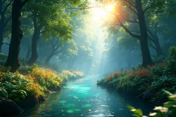 Mystery morning forest with river. Beautiful landscape.
