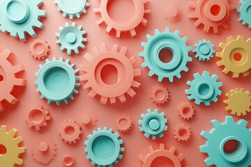 A modern digital illustration of rotating gears with a moody background.