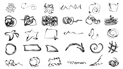 Scribble crayon.Arrows with grunge lines.Graphic box  arrows, highlighters, underline, round, stars, alphabet, doodles. Scribble drawn.marker sketch brush texture. Rough chalk vector illustration.