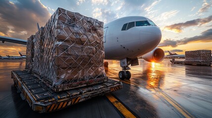 Large cargo aircraft stands on the tarmac, ready for takeoff with loaded pallets as the sun sets, casting a warm glow