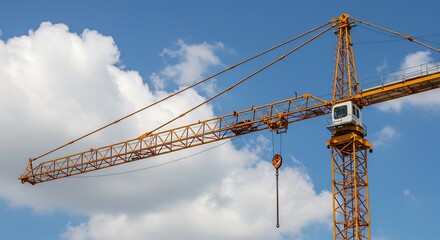 Yellow construction crane reaches high against vibrant blue sky puffy clouds. AI Generated