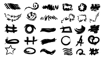 Chalk scribble drawings of arrows and underlines. Charcoal symbols for highlights. Vector doodle drawing. Freehand curved arrows, swirls, crosses, circles, set of hand drawn vector icons.