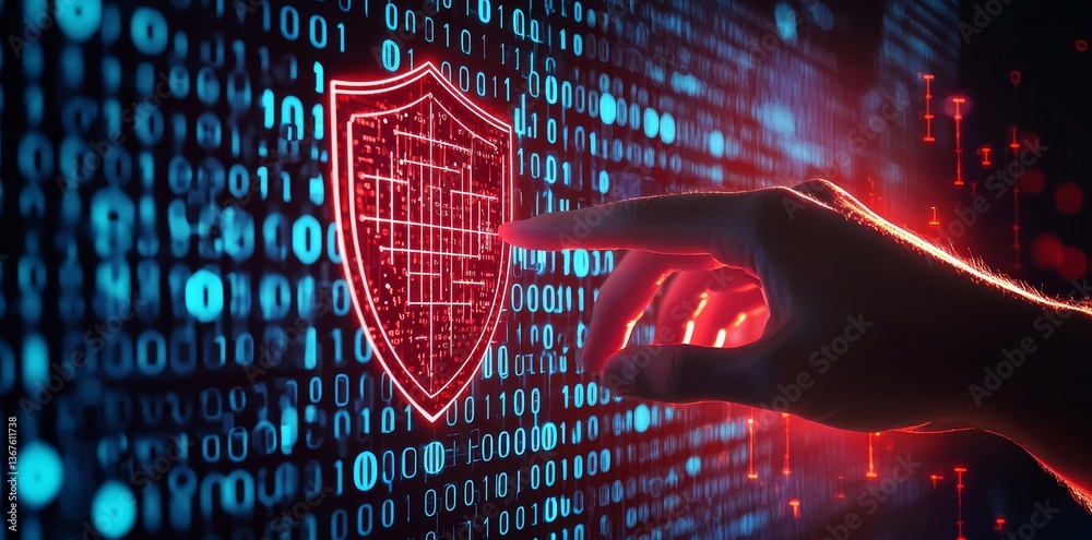 Poster internet security and data protection involve a person touching a virtual shield for secure access a