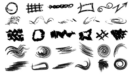 Chalk, scribble, drawings ,arrows , underlines, Hand drawn ,charcoal ,symbols , highlights, Vector doodle drawing. Freehand curved arrows, swirls, crosses, circles, and squiggle.Isolated design elemen