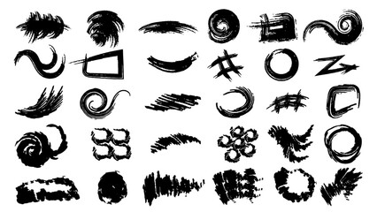 Vector hand drawn ink design elements. Vector doodle drawing. Freehand curved arrows, swirls, crosses, circles, and squiggle.Brush line set. Vector calligraphy paint strokes. Vintage ink brushstrokes.