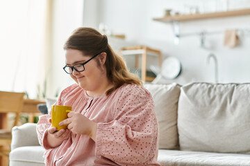 Pretty young woman with Down syndrome enjoys a cozy moment at home with a warm drink in hand