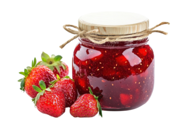Homemade strawberry jam in a rustic jar beside fresh strawberries on a white backdrop isolated on transparent background