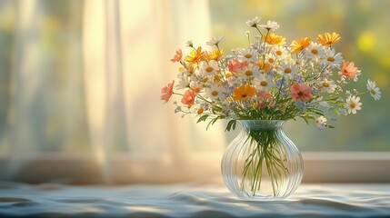 Summer floral bouquet in clear glass vase with soft sunlight, bright seasonal composition in natural interior or outdoor setting